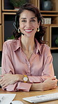 Face, business and woman at call center with computer, research and contact us for crm script. Portrait, mature person and smile in office with pc, arms crossed and consultant for customer service