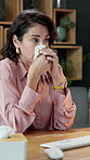 Blowing nose, finance and report with business woman at desk in office for wealth management. Allergies, burnout and tissue with mature employee at work on computer for financial feedback or review