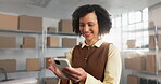 Happy, woman and phone in small business for shipping, freight pickup booking or order dispatch. Logistics, mature person and typing on mobile for shipment status, digital invoice or customer praise