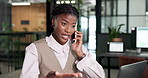 Business, phone call and woman with laptop, chat and financial advice for contact and communication. Happy, wealth manager and black person with tech, online and explaining investment with mobile