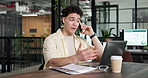 Business, phone call and man with laptop, talking or financial advice for contact and communication. Wealth management, chat and happy person with tech, online and explaining investment with mobile