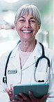 Tablet, woman and face of doctor in hospital for research on medical diagnosis or treatment planning. Digital technology, happy and portrait of mature healthcare worker with telehealth in clinic.