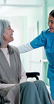 Conversation, nurse and senior woman in wheelchair at hospital for support, checkup or assistance. Happy, caregiver and elderly person with disability in healthcare clinic for medical consultation.