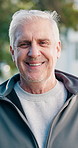 Wellness, face or senior man in backyard with smile, fresh air or good mood on weekend break. Bokeh, confidence or elderly person with happy moment, outdoor unwind or positive attitude in retirement.