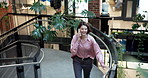 Business, woman and smile in office with phone call, discussion and contact source for copywriting. Happy, mature person and steps in workplace with mobile, witness statement and article publication