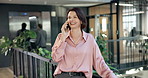 Business, woman and smile in office with phone call, discussion and buyer inquiry for resale. Happy, mature realtor or talk in workplace with mobile, contact seller and viewing agenda for real estate