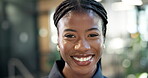 Business, face or black woman in office with laugh, good mood or optimistic in workplace. Bokeh, space or happy employee with joke reaction, satisfaction or positive attitude in corporate agency.