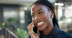 Smile, business and black woman in office with phone call, discussion and buyer inquiry for resale. Happy, realtor and talk in workplace with mobile, contact seller and viewing agenda for real estate