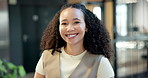 Sustainability, face and woman in agency with laugh, esg advisor and confidence in eco startup. Happy, portrait and csr specialist with humor, environmental services and about us in green business.