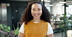 Sustainability, happy and woman in office with face, esg advisor and confidence in eco startup. Smile, portrait and csr specialist with pride, environmental services and about us in green business.