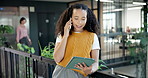 Business, woman and tablet in office with phone call, research and buyer inquiry for real estate. Person, realtor or talking in workplace with tech, contact seller and viewing information for auction