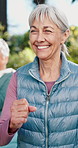 Park, cardio and elderly woman with morning for fitness, exercise or training for wellness. Retirement, health club and routine with old people outdoor in nature, happy and workout class with group