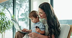 Online education, child and mom with laptop in home, laughing or teaching son with video on website. Elearning, family and happy woman with tech, knowledge and skill development for toddler in house