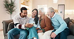 Family, laugh and bonding with phone in lounge, happy couple and watching video with senior parents. Generations, smile and funny series on mobile app, flare and conversation with old people in house
