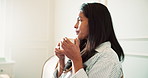 Thinking, woman and drinking coffee in home with peace, calm and contemplation on weekend break. Tea, relax and person in house with reflection in morning, wellness vision and me time for self care