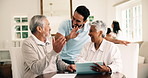 Smile, people and high five at house with tablet, email and finance success of retirement savings. Happy, adult son or old parents in home with tech, celebration and financial milestone of investment