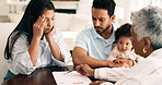 Stress, documents and couple with financial advisor in home for discussion on mortgage debt. Upset, baby and parents with accountant for explaining investment loss with paperwork in apartment.