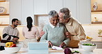 Cooking, love and old couple in kitchen with support, bonding and connection with culinary hobby. Wellness, help or elderly people in home with tech, happy moment or meal prep in healthy relationship