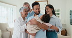 Big family, baby and happy in home with love, support and bonding in living room for relationship. People, men and women with child, weekend and smile in lounge for generations and relax together