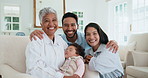Family, face and happy in home with baby, support and bonding in living room for relationship. People, man and women with child, portrait and smile in lounge for generations and relax together
