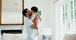 Father, kiss and play with baby girl in living room with smile, bonding and connection with love. People, dad and child for laugh, relax or fun with toddler for security or support in family home