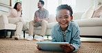 Face, child and relax on floor with tablet, internet search and download games for education. Portrait, parents and happy kid at house with digital, browsing website and online video for e learning 