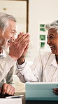 Smile, old couple and tablet at house with high five, good news and success of loan approval. Happy, senior people and celebration in home with tech, savings victory and finance goals for retirement