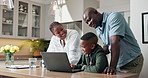 Video game, parents or boy in house with laptop, bonding or fun connection on virtual site. Support, smile or black family with tech, playful competition or digital activity in happy relationship.