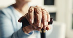 Thinking, hands and senior woman with walking stick for nostalgia, reflection and remember in home. Retirement, pensioner and person with memory, thoughtful and cane for support, balance and aid