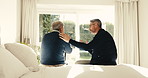 Caregiver, man and old person in bedroom of senior care home for healthcare, discussion or support. People, health worker and retirement with elderly patient for conversation, recovery or advice