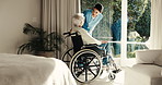 Nurse, smile and old person with wheelchair in home for support, assistance or discussion. Woman, senior patient with a disability and caregiver in assisted living facility for chat and recovery