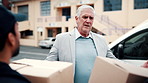 Mature, businessman and fight with delivery boxes for delay, freight issue or packing instruction. Frustrated, man or argument with courier team, backlog or stress for bad cargo or shipping mistake