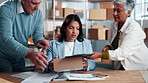 Logistics, stress or staff with manager workload, urgent task or pressure for parcel dispatch delay. Tech, small business or people in time lapse with work overload, shipping deadline or multitasking