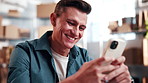 Smile, small business and man with phone for supply chain, online order or digital receipt. Logistics, person and tech for inventory management app, ecommerce or delivery invoice for distribution