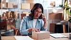 Small business, box or woman with phone call for logistics, parcel enquiry or delivery coordination. Distribution startup, worker or mobile chat with clipboard for order dispatch, courier or schedule