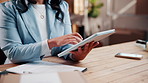 Hands, small business and woman on tablet for inventory management, online order or digital receipt. Logistics, person and tech for supply chain app, ecommerce or delivery invoice for package