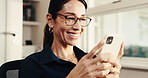 Phone, happy and freelancer with woman in home office for publicist update, content marketing and research. Remote work, communication and branding review with mature person and tech for app