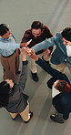 Above, team and business people high five in office for solidarity, support and motivation. Huddle, applause and men with women in circle for collaboration, agreement and hands together for goals