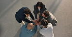 Business people, celebration and hand stack in meeting, applause or teamwork for partnership success. Collaboration, space and clapping with colleagues, above and happy for achievement in office