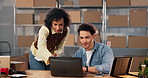 Logistics, clipboard and people with laptop for discussion with invoice, ecommerce or distribution. Parcel, paperwork and team with tech for small business, inventory and shipping or courier app