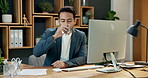 Happy, businessman and drinking with water in office for hydration, nutrition or vitamins. Man, employee or mineral liquid with smile on computer for administration or sustainability in workplace