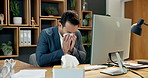 Sick, businessman and blowing nose with tissue in office for sneeze, influenza or viral infection. Man, employee or flu with cold, hayfever or computer for virus, bacteria or germs in workplace