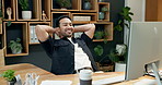 Happy, businessman and relax with computer in office for productive day, break or comfort. Man, employee or stretching with smile or rest on chair for finished job, done tasks or deadline completion