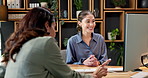 Client, women or consulting at meeting with computer for insurance, risk assessment or policy advice. Advisor, smile or people talk with tech for coverage plan, premium benefits or question in office