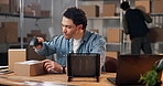 Distribution, scanner and man with tablet for info with invoice, ecommerce or small business. Parcel, entrepreneur and person with tech for logistics, courier inventory and shipping or digital app