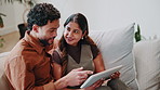 Smile, couple and relax at house with tablet, online banking and planning for finance priorities. Above, people and talking on couch with digital, account balance and cost comparison for loan payment