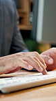 Man, hands and typing in office with computer, human resources job and ERP system to process payroll. Person, browse and draft plan with pc, business management software and HR work for compensation.