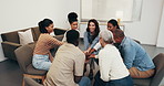 Happy, people or hands together with support group for social inclusion, mission or cohesion. Community, pilling or stack with smile or applause for counseling session, team building or collaboration
