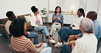 Therapist, talk and guidance in clinic with support group, wellness advice and rehabilitation update. Counselor, people and discussion in therapy meeting with help, psychology and tips for healing.