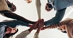 Below, team and hands together in office with celebration, clap and support for work collaboration. Happy, business people and huddle in agency with connection, group synergy or applause for success.